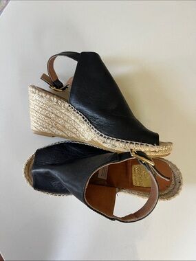 kanna Black Leather Espadrille Wedge Slingbacks